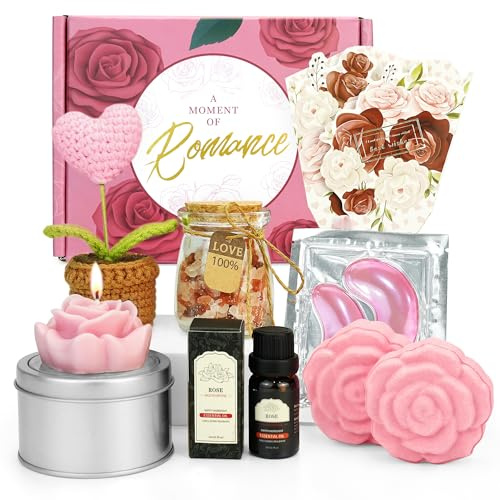 Spa Geschenkset für Frauen – Rosenöl, Rosenkerze & Rosen-Badebomben (8tlg) | Inkl. Badesalz, Augenmasken & Grußkarte. Wellness-Geschenk für Frauen, Geburtstag, Mama & Freundin
