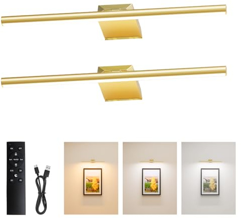 Nulmvic 16 Zoll Akku Bilderleuchte Kabellos, LED Bildbeleuchtung Ohne Stromanschluss, Wandleuchte Innen für Dartscheibe Spiegel Wall, Fernbedienung mit Timer, Gold, 2 Stück