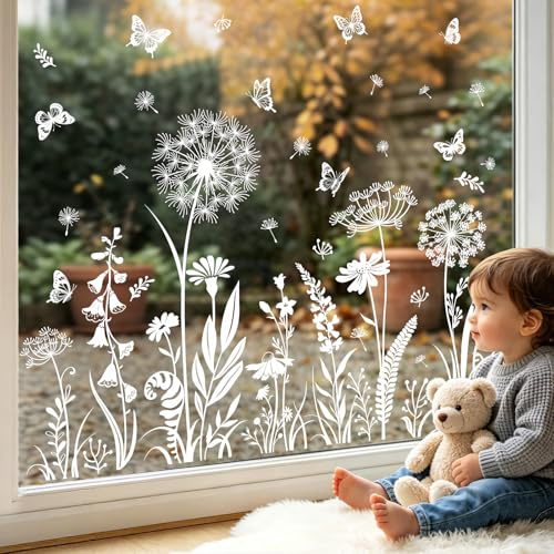 Supzone Fensterbilder Selbstklebend Blumen Weiß Fensteraufkleber | Pusteblume Schmetterlinge Fenstersticker Sommer Frühling Anti-Kollision Vogelschlagschutz Fensterdeko