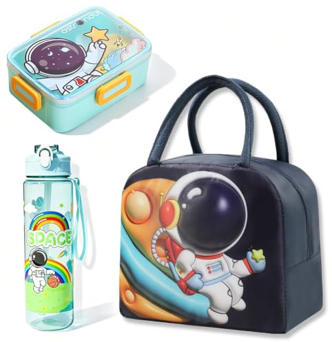 Astronauta Fiambrera Bento,600ml Bento Lunch Box con Compartimentos,Bolsa Térmica Aislada de Aluminio y Astronauta Botella de Agua 800ml con Pajita,Cubiertos Caja para Picnic Viajes Trabajo(verde)