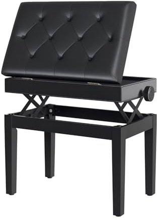 HOMCOM Banqueta para Piano Banco para Piano con Ajustable en Altura de 48 a 58 cm Espacio de Almacenamiento Patas de Madera Taburete para Teclado Acolchado 54,5x33x48-58 cm Negro