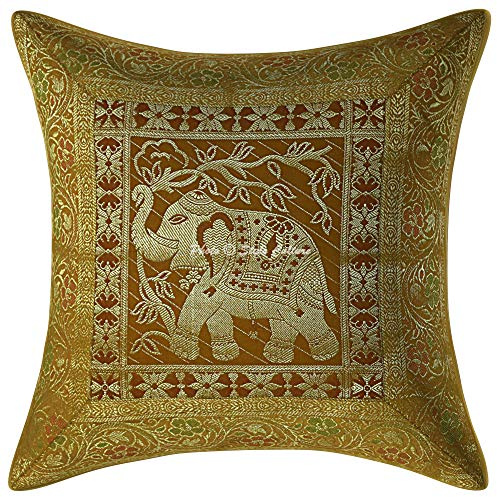 Stylo Culture Bohemio Fundas Almohadones Decorativa 40x40 cm Brocado De Seda Elefante Fundas para Cojines Silla Dorado 16x16 Inch Jacquard Cuadrado Cremallera Fundas para Cojines Cama - 1 Pc