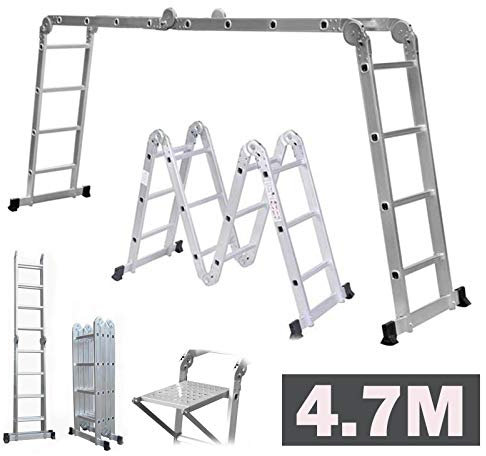 4.7M 15.5FT Folding Multi-Function Ladder with 1 Tool Tray Safety Locking Hinges Aluminum Foldable Extension Ladder, 150KG Load Capacity