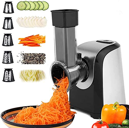 Nictemaw Rallador Eléctrico de Verduras y Fruta, Cortador Verduras 150W, Rallador Eléctrico con 4 Accesorios de Acero Inoxidable Cilindros,Sin BPA Plateado