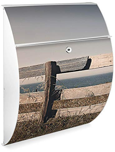 banjado Design Briefkasten - Modell Riviera 46x33,5x13cm groß - verzinkter Stahl weiß - Postkasten Öffnungsstopp großer A4 Einwurf Zylinderschloss 2 Schlüssel - Motiv Zaun am Meer