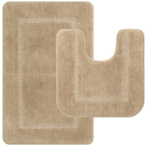Pauwer Alfombrillas de baño Antideslizante de 2 Piezas, Alfombras de Baño de Microfibra Suave Cómodo Absorbente de Agua Inodoro Alfombra de Baño Pedestal,Beige,53 x 86 cm+50 x 50 cm
