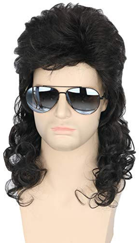 Topcosplay Herren Vokuhila Perücke - Schwarz Lockig Lang, 80er Jahre Mullet Punk Popstar Proll Rockerperücke für Fasching Karneval Halloween
