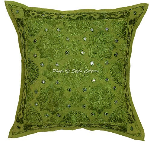 Stylo Culture Ethnico Fundas Cojines Decorativa 40x40 cm Algodón Espejado Funda Almohadon Sofa Verde Loro 16x16 Inch Bordado Cuadrado sobre Funda Cojin Silla - 1 Pc