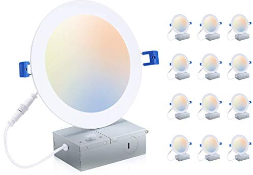 CLOUDY BAY 6 inch 3000K/ 4000K/ 5000K Three Color Temperature Selectable, Dimmable 15W CRI 90+, Ultra Thin LED Recessed Light with Junction Box, Canless Wafer Downlight, Damp Location,White, 12 Pack