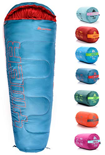 Sovsäck för barn campingutrustning resa sömn väsentlig isolerad varm lätt resa vandring inomhus utomhus hela säsongen vår sommar höst YMER (130+25 cm, blå/orange)