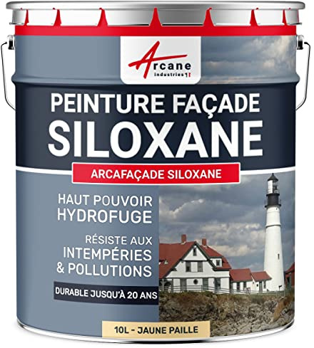 Pintura Fachada Siloxano Impermeabilizante 10 L Amarillo Paja | Impermeabiliza la Fachada, Resiste UV, Deja Transpirar el Soporte, Lavable, Alto Poder Cubriente - Arcane Industries