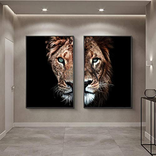 Leinwand Kunst Löwenkopf Poster und Drucke Tiere Nordische Kunst Leinwandbilder Wandkunst Löwen Bilder für Wohnzimmer Dekor 50x75cmx2pcs Kein Rahmen