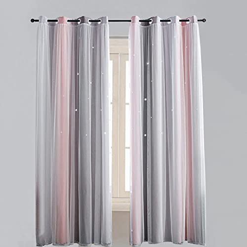 Lsimeru Gardinen Farbverlauf Blickdicht mit Sterne Muster Rosa Grau Doppelschicht Vorhänge Kinderzimmer Mädchen Prinzessin Ösenvorhange Verdunkelung Kinder Lang,132x210