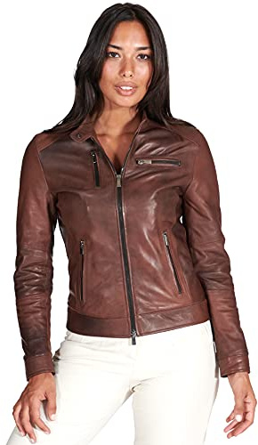 D'Arienzo Giacca in Pelle Naturale Marrone Nuvolato Donna Giubbotto Biker Vintage Giubbino Moto Vera Pelle Made in Italy Giulia L/Marrone