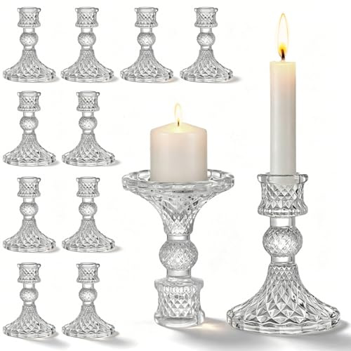 AVLA 12 Pack Crystal Candle Holders, Clear Taper Candlestick, Thick Glass Candle Stand, Small Centerpiece for Table, Wedding, Party, Church, Windowsill Decor, Home Decoration, Diamond Pattern