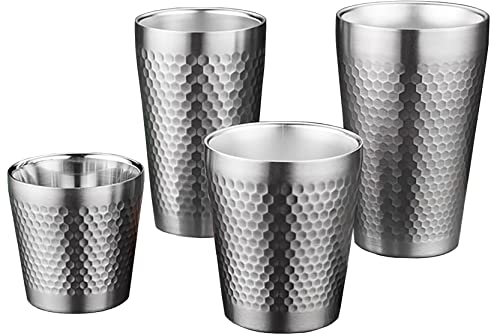 UPTALY Lot de 4 tasses en acier inoxydable argenté (450ml / 350ml / 300ml / 175ml), motif marteau de diamant, tasses à thé glacé, tasses à bière à double paroi, tasses à café en métal