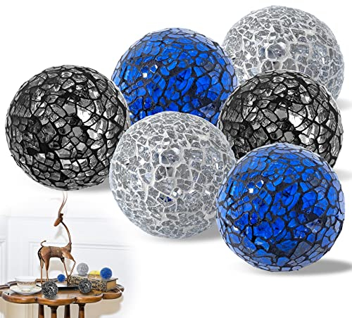 Ginfonr 6 Stück Dekorative Glaskugeln, Mosaic Glass Orbs, Mosaik-Kugeln für Wohnzimmer oder Esstisch, Couchtisch Dekorieren von Schalen Vasen, Tischen, Hochzeiten, Partys (Silber, Ozeanblau, Schwarz)