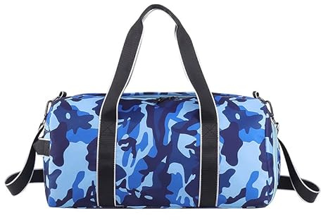 mezhsa Kids Overnight Duffle Bag Girls Boys Sports Gym Bag with Shoe Compartment Wet Pocket Camouflage travel bag (Blue)