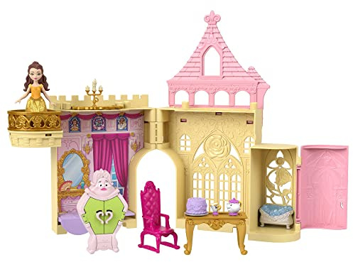 Mattel Disney Princess-leksaker, lekset med stapelbart Belle-slott, dockhus med liten docka och åtta delar, inspirerat av Disney-filmen, reseleksaker och presenter för barn HPL52