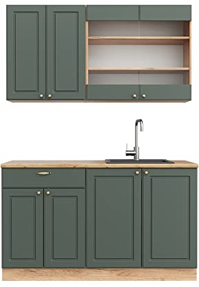 Vicco Singleküche Fame-Line, Grün-Gold Landhaus/Goldkraft Eiche, 140 cm | 4 Module · Höhenverstellbare Füße · Ohne Arbeitsplatte · MDF-Fronten · Softclose · Metallgriffe