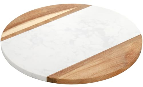 Okllen 30,5 cm Marmor-Käsebrett und Servierbrett aus Akazienholz, handgefertigt, rundes Marmor-Tablett, Schneidebrett für Käse, Charcuterie, Fleisch, Obst