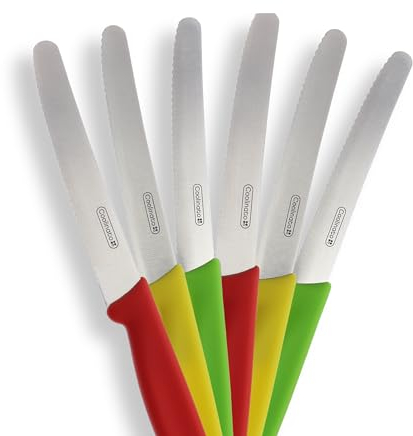 Coolinato - Frühstücksmesser 6 tlg. mit Wellenschliff aus rostfreiem Edelstahl Bunt - Universal Brötchenmesser mit ergonomischen Kunststoffgriff - Tomatenmesser & Brotzeitmesser in Premium Qualität