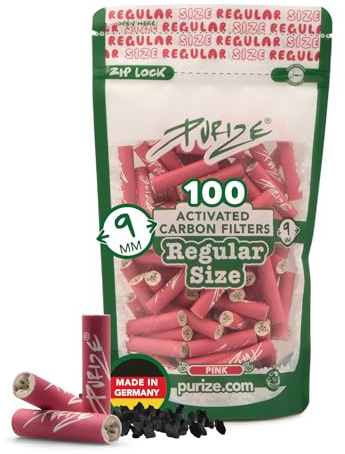 PURIZE® Regular Size Aktivkohlefilter ø 9 mm – 100er Pack - Pink | Aktivkohle auf Kokosnuss-Basis, Keramikkappen beidseitig, kühles Raucherlebnis, wiederverschließbarer Beutel, Made in Germany