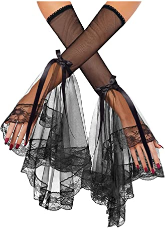 keland Ein Paar Damen Gothic Schwarz Lange Spitzenhandschuhe mit Ausgestellten Manschetten Viktorianische Armstulpen aus Durchsichtig Tüll (Schwarz-001)