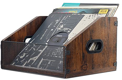 Dunatou Schallplatten-Aufbewahrung, Vinyl-Schallplatten-Box, Vinyl-Schallplatten-Albenhalter, Schreibtisch-Metall- und Holz-Schallplatten-Organizer mit Griff für Alben, Bücher, Akten, einfache Montage