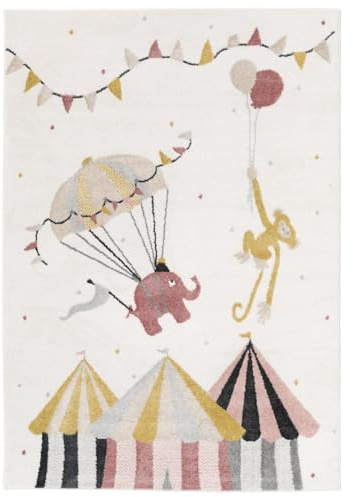 RugVista Monkey Circus, Kinderteppich, Moderne Teppiche, 100 x 160 cm, Rechteckig, Niedriger Stapel, Kinderzimmer, Nur chemische Reinigung, Ohne gefährliche Chemikalien, Rosa/Off Weiß