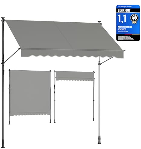 SONGMICS Store Banne Rétractable, Store Manuel, Réglable en Hauteur, avec Manivelle pour Balcon, Jardin, Terrasse, 250 x 180 cm, Gris GSA252G01
