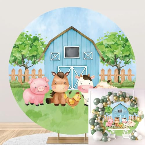 MIRRORANG Diámetro 2m Granja de Dibujos Animados telón de Fondo Redondo Granero Azul Hierba Verde Tierras de Cultivo Animales Fondo niños bebé Ducha Fiesta de cumpleaños decoración, Poliéster