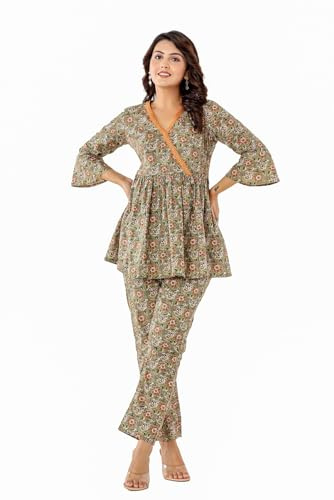 VIHAAN IMPEX Women's Cotton Co-ord Set Green Floral Wrap Top & Trouser Loungewear Set