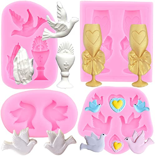 RFGHAC Set di 4 stampi in silicone per la comunione, calice di vino, fondente, colomba, uccello, preghiera, mano, per decorare torte, cupcake, caramelle, argilla polimerica, cioccolato, pasta di gomma