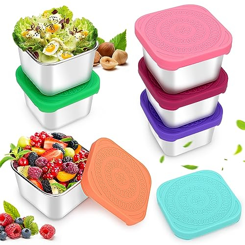 Hydream 6x180ml Edelstahl Snack-Behälter,Auslaufsichere Metall Lebensmittel Lagerung Box Container mit Silikondeckeln,Wiederverwendbare Stapelbar Mini Food Lunch Soße Boxen Tassen Set,Leicht zu Öffnen