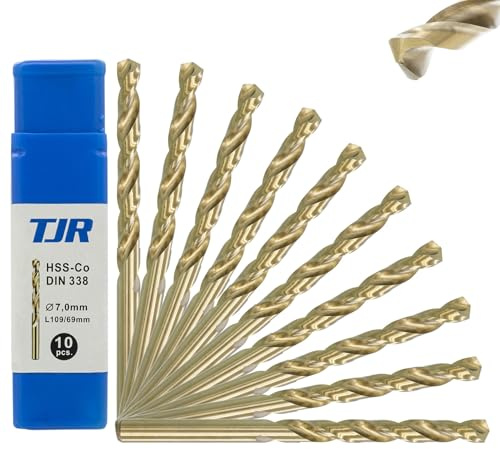 TJR® HSS-E M35 Ø 7mm Kobalt Spiralbohrer Set 10 Stück, Selbstzentrierend, Schnellarbeitsstahl, DIN 338 Typ N, 135° Splitterschneide, Metallbohren für Stahl, Edelstahl und Gusseisen