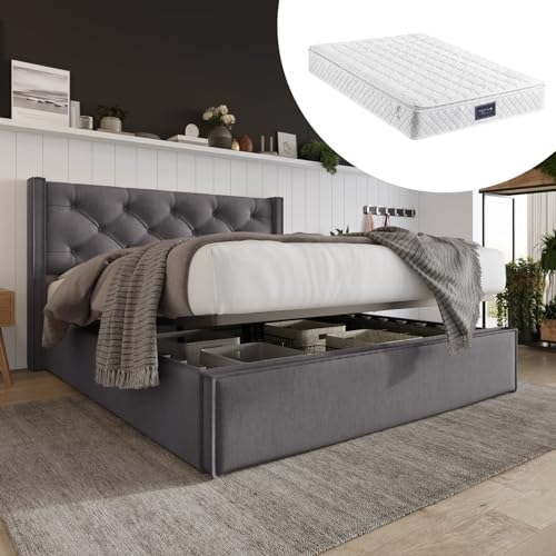 Skcess Hydraulisch Doppelbett Polsterbett 160X200Cm,Bett Mit Lattenrost Aus Metallrahmen, Modernes Bettgestell Mit Stauraum, Baumwolle, Grau(Mit Matratze)