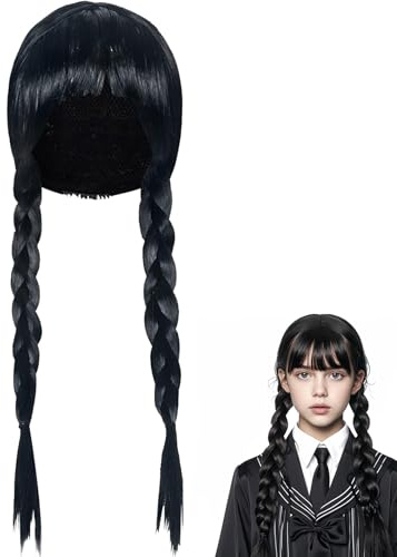 Addams Perücke für Damen Mädchen,Doppeltem Geflochtene Perücken Schwarze für Wednesday,Mittwoch Addams Lange Zöpfe,Synthetische Perücken für Cosplay Wednesday für Halloween Karneval Kostüm