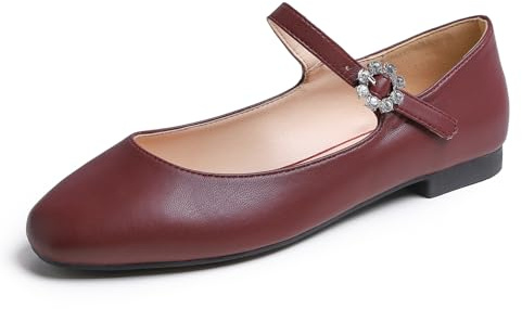 Feversole Women's Square Toe Mary Jane Fashion，Punta Quadrata Easy Buckle Tacco Basso Slip On Flats Mary Jane Quadrata Borgogna Taglie 39 EU