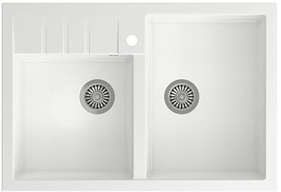 QUADRON BILL 120 GRANITEQ Granitspüle Spülbecken Weiß + Stahl, Küchenspüle, Größe: 90 x 62 x 20,5 cm, 2-Becken-Spüle zum Aufstellen auf einen Schrank, geeignet für Unterschränke ab 90 cm Breite