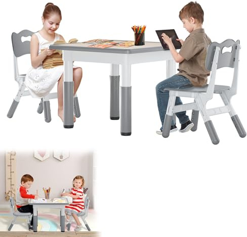 YRHome 60x60cm Kindertisch mit 2 Stühlen Kindersitzgruppe Höhenverstellbar Kindersitzgarnitur Picknicktisch Kindermöbel Sitzgruppe für Jungen Mädchen ab 2 Jahren Grau