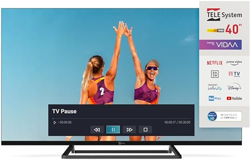TELE System Smart TV 40 Pollici Full HD LED Frameless, Certificato CAM tivùsat, HbbTV, HDR10 HLG, powered by VIDAA, Doppio Telecomando incluso.