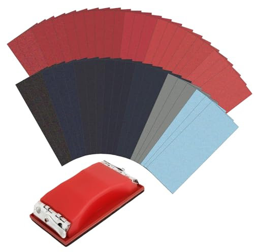 Schleifpapier Set, mit Handschleifklotz 165 x 85 mm, Einfach zu Bedienen, 45 Blatt Schleifpapier, Nass- und Trockenkörnungen 40 bis 5000, für Kunststein, Möbel und Holz, Metall, Automobil, etc (1)