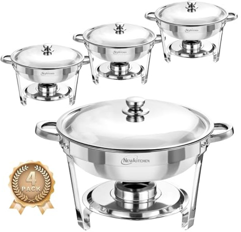 NEWKITCHEN Chafing Dishes for Buffet 4 Pack, 5 QT Round Chafing Dishes for Buffet [Elegant Silver Colors] Stainless Steel Chafing Dish Buffet Set for Any Party