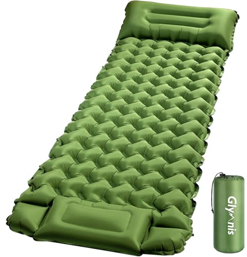Glymnis Matelas de Camping Autogonflant 1P, Pompe + Oreiller, Ultraléger | Nylon 70D Imperméable, Gonflage 60s, 9cm Épais, 852g Ultra-Compact, Sangles Module, Convient Camping Randonnée Alpinisme