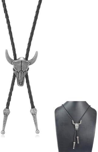 LONZIKP Bolo-Krawatte Leder Halloween Krawatte Cowboy Kuh Schädel Western Cowboy Krawatte Halskette Lariat Halskette Rodeo Anhänger für Damen und Herren (Silber)
