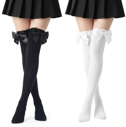 Lot de 2 paires de chaussettes extra longues en coton pour femme Noir + blanc