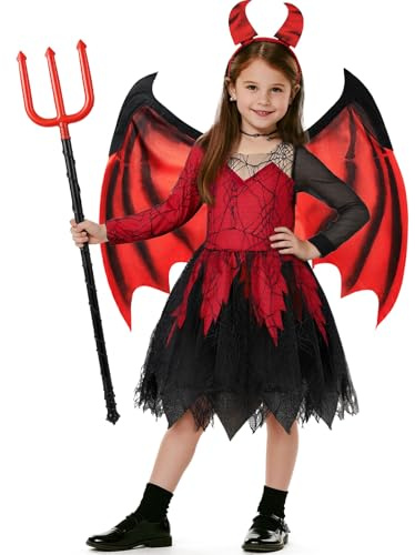 Mishopy Déguisement Diable Enfant Costume Halloween Fille Ailes du Diable Cape avec Serre-tête et Fourche Robe Diablesse pour Carnaval Anniversaire Noël Cosplay