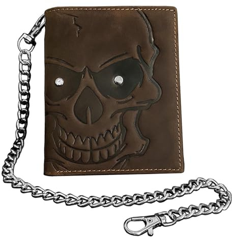 XIXTUT Genuine Leather Wallet Skull Slim Card Wallet for Men Bifold Card Holder Wallet Minimalist Front Pocket Purse With Chain