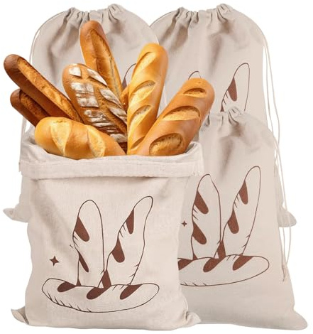4 stycken linne-brödpåsar återanvändbara, brödpåsar linne obblekt 40 x 30 cm med dragsko för förpackning och förvaring av bröd, baguetter, mat, frukt och grönsaker